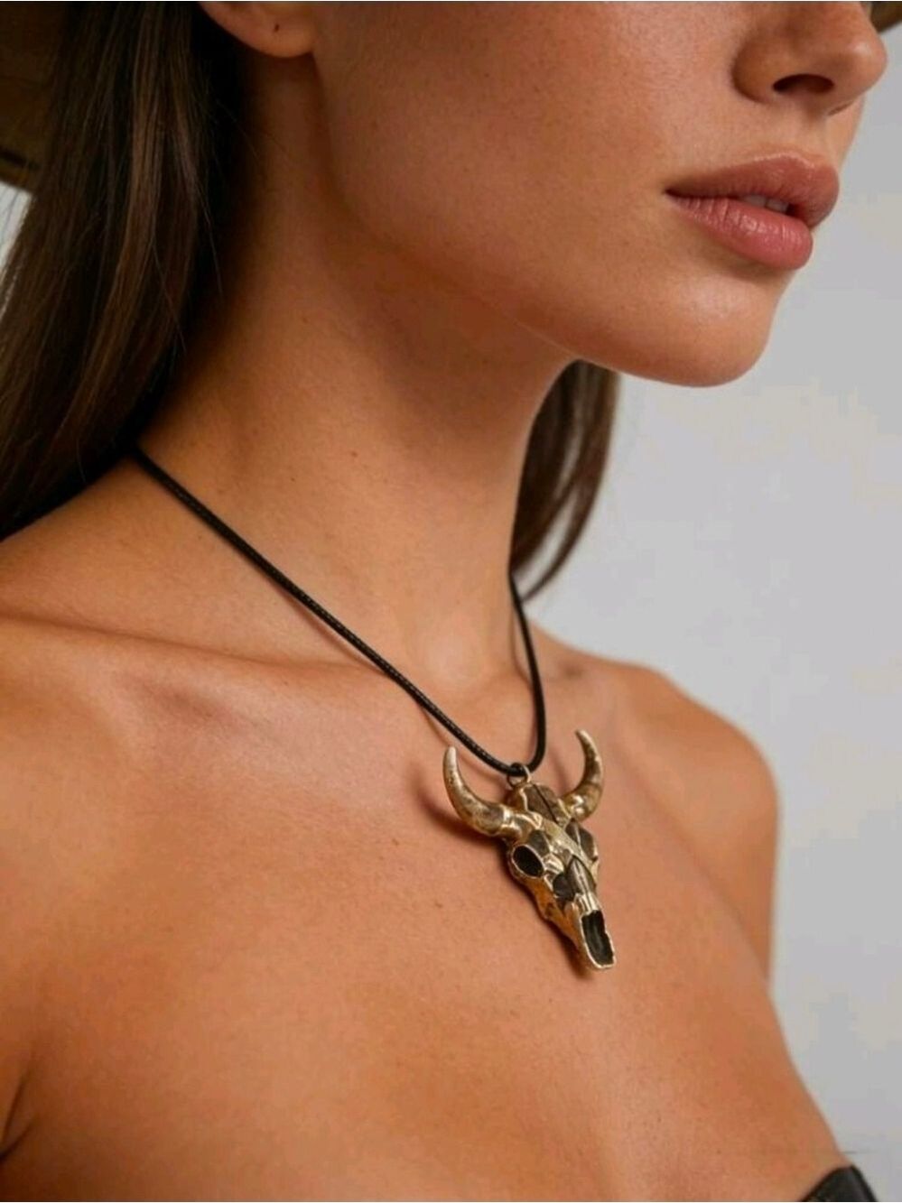 Gold Bull Skull Pendant Necklace Black Cord - Picture 2 of 5